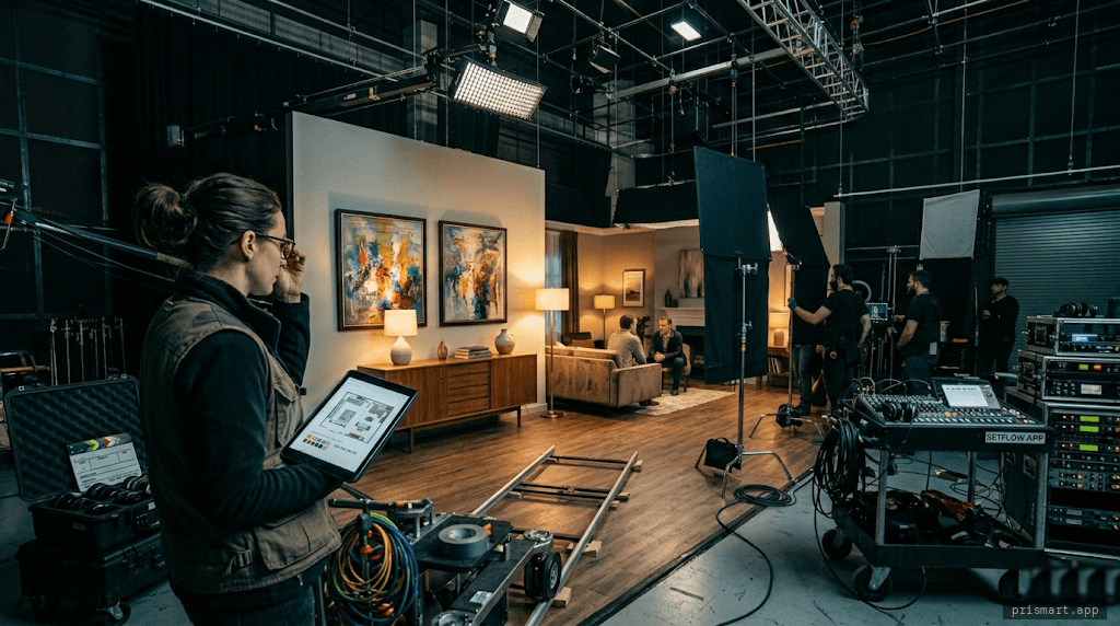 A production set with artwork on the walls and professional lighting